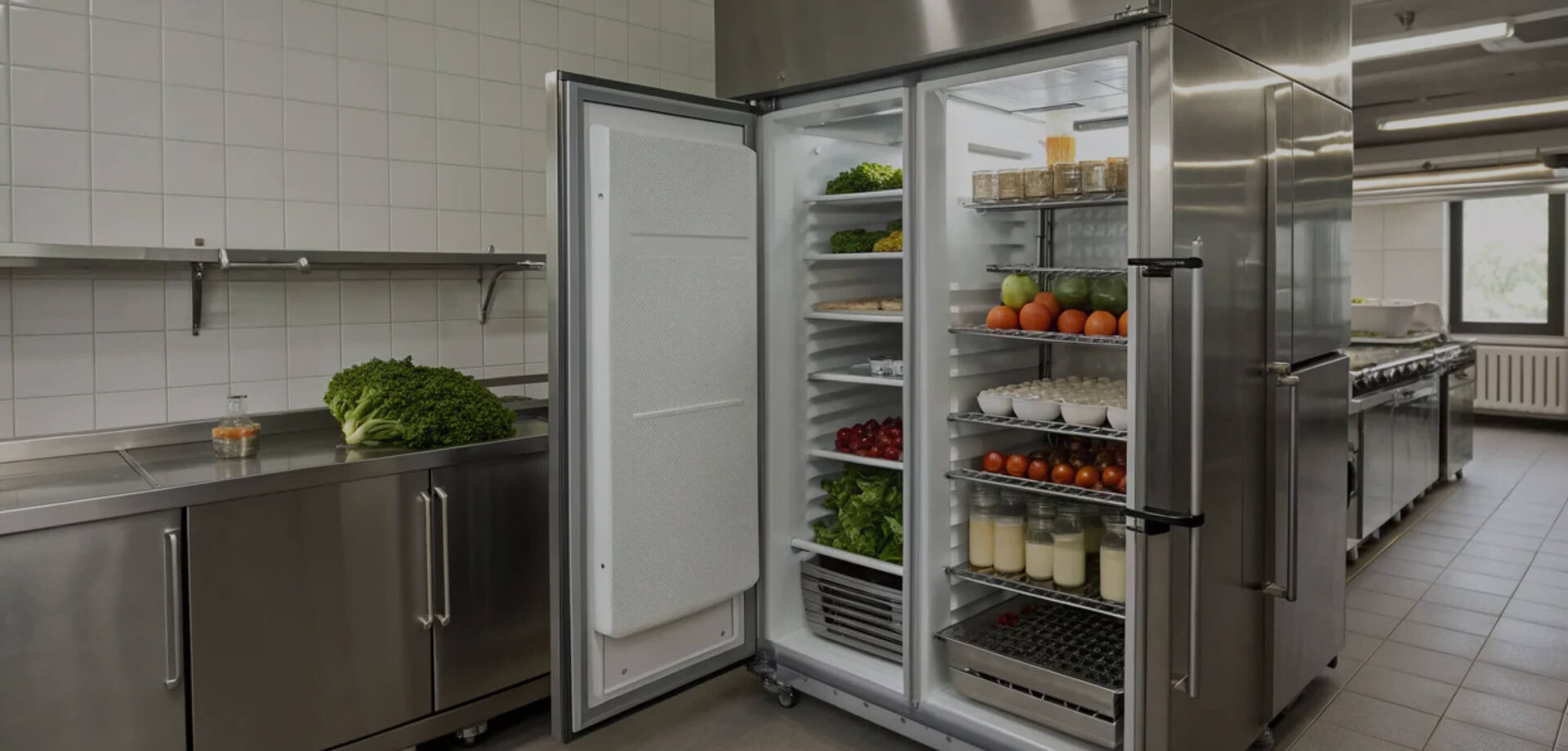Open commercial refrigerator with organized shelves of produce and dairy
