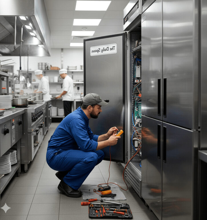 Commercial refrigerator technician diagnosing wiring in restaurant kitchen