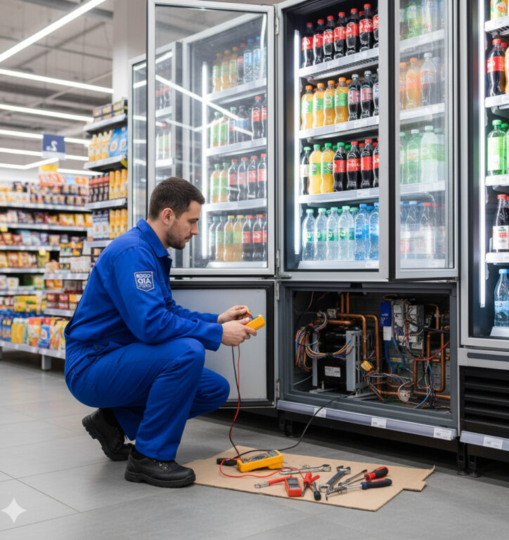 Refrigeration technician repairing display cooler in grocery store
