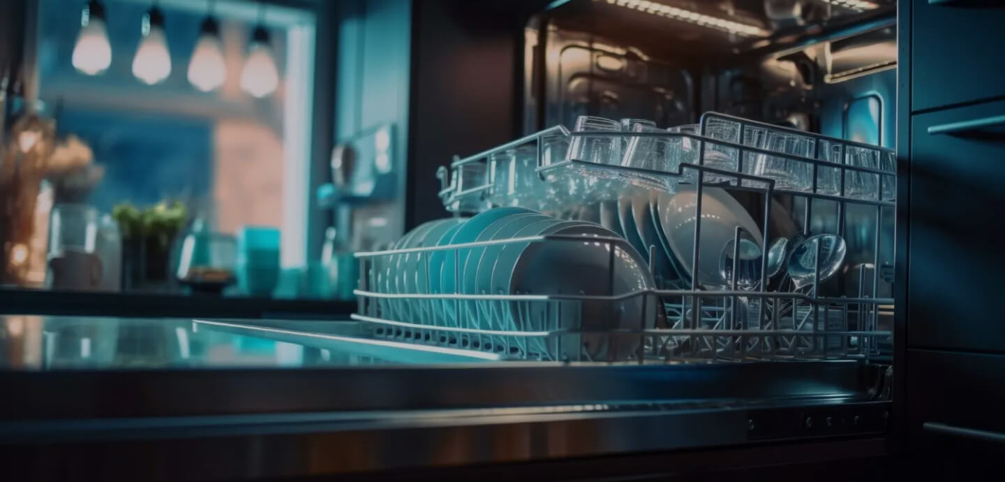 Open dishwasher with clean plates and glasses inside modern kitchen