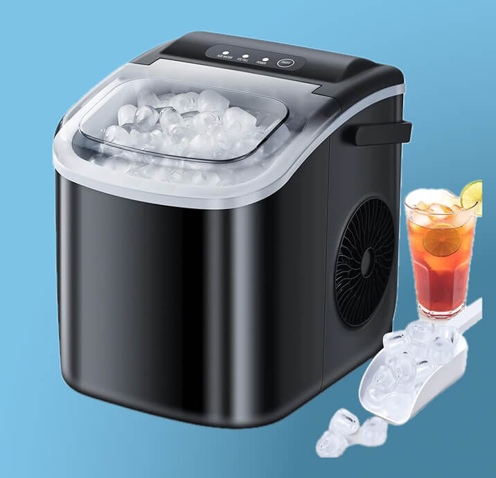 Portable countertop ice maker producing bullet ice cubes