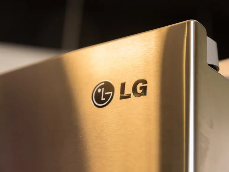 Smart stainless steel French-door LG refrigerator in a modern gray kitchen in Wesley Chapel, FL.